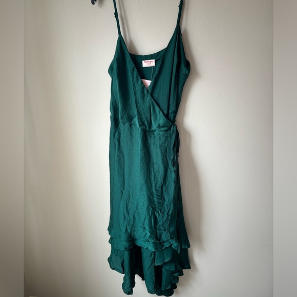 Never worn, still tagged! Beautiful emerald satin Showpo wrap dress! Size 10. - Picture 2 of 9